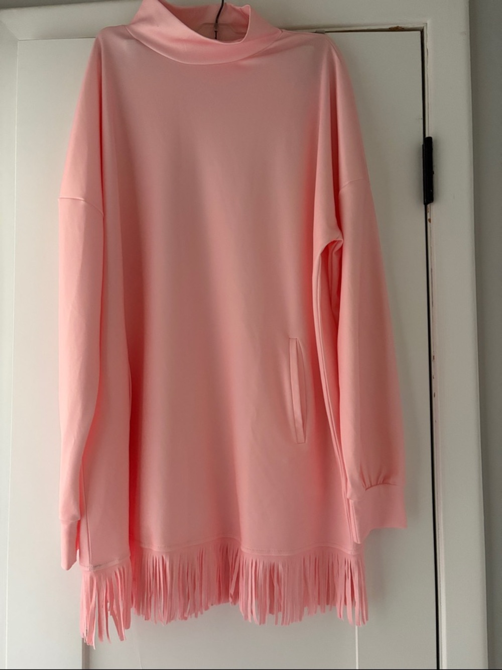 Light Pink Fringe Hem Mini Dress with High Neck